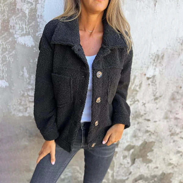 Short Teddy Coat - Dion | Warm with Stylish Lapel Collar-Black-S-Nora Luxe