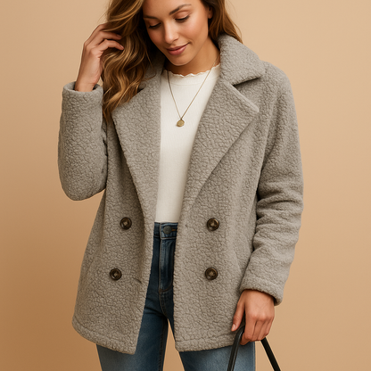 Elegant short winter coat for women with button closure, tailored fit, and versatile style for daily wear and layering.