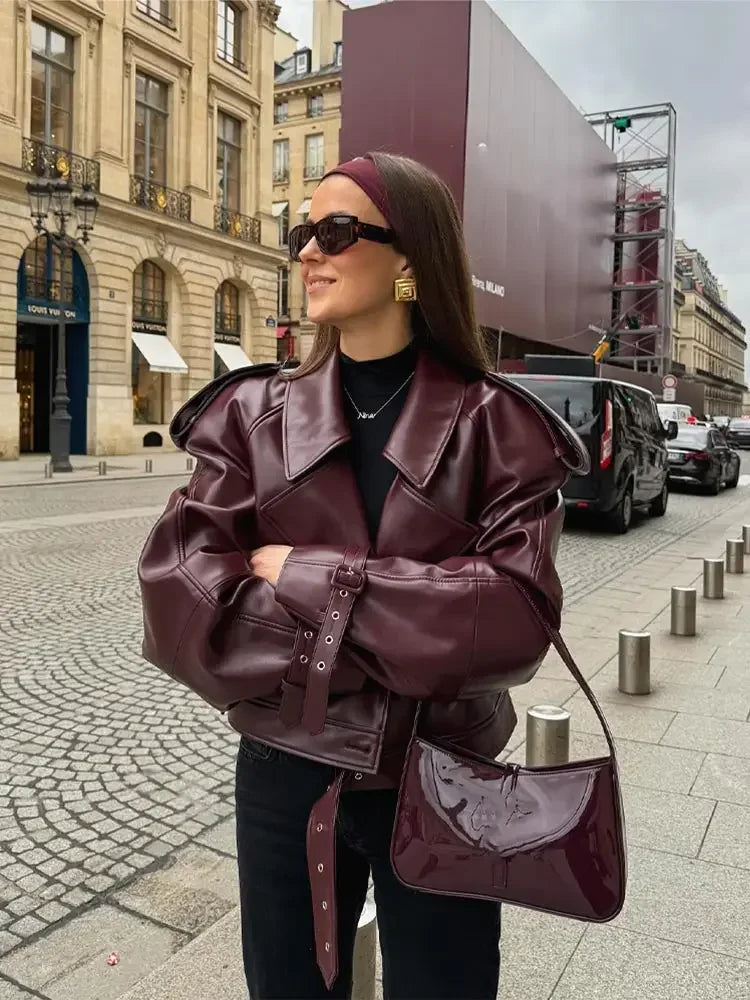 Petite Red Leather Jacket with Collar - Pexav