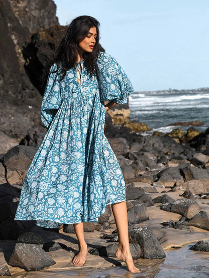 Comfy Floral V Neck Maxi Dress for Women - Nocini