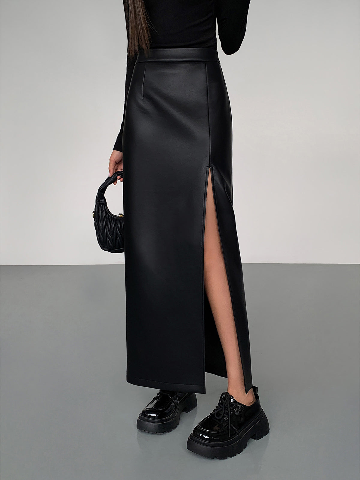 Faux Leather Mid Length Bodycon Skirt