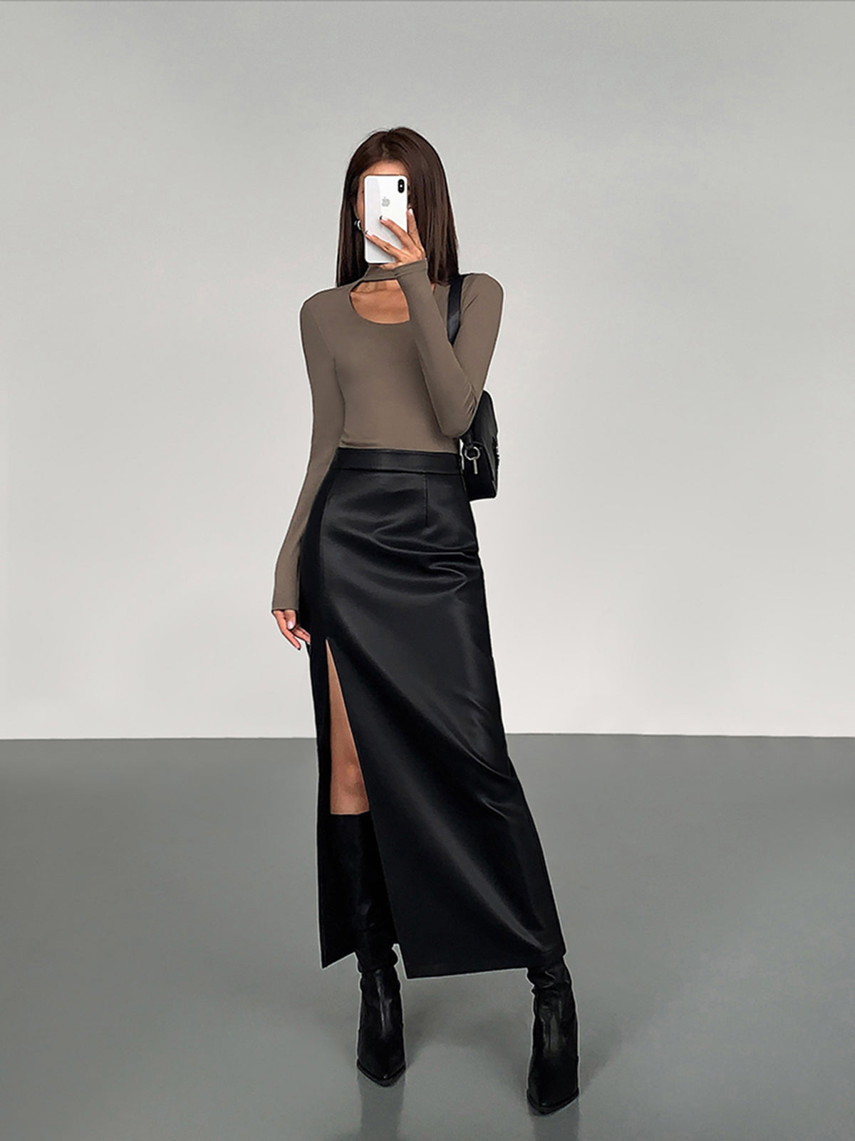 Faux Leather Mid Length Bodycon Skirt