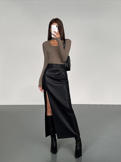 Faux Leather Mid Length Bodycon Skirt