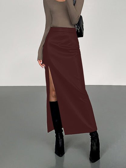 Faux Leather Mid Length Bodycon Skirt