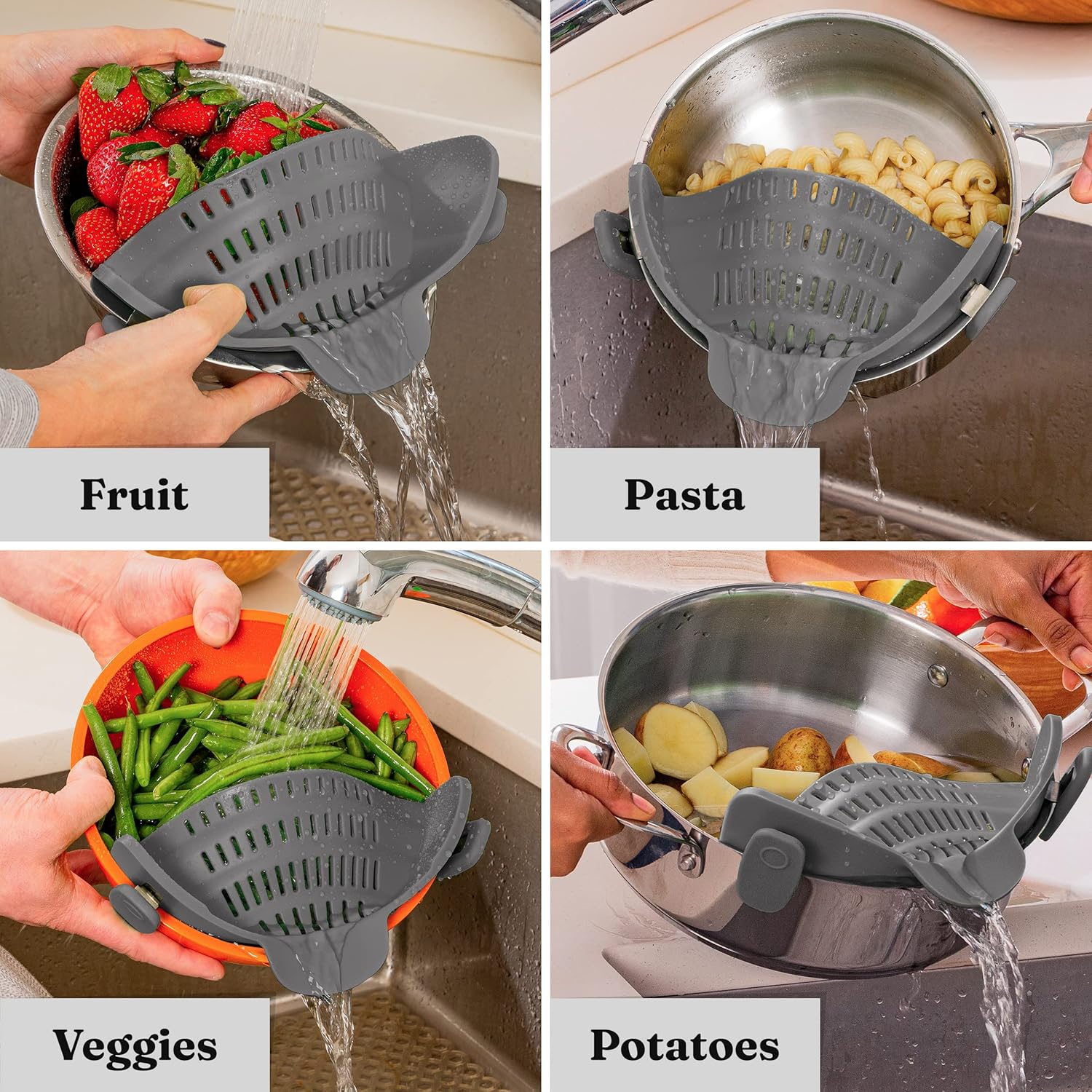 Silicone Clip-On Strainer – Heat-Resistant Colander for Pasta & Vegetables-Grey-Nora Luxe