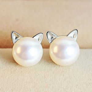 Sparkling Kitty Ear Studs with White Pearls - Pexav