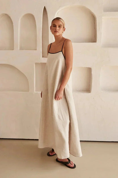 Sleeveless Beige Boho Maxi Dress in Linen Look – Elin-S-State of Style