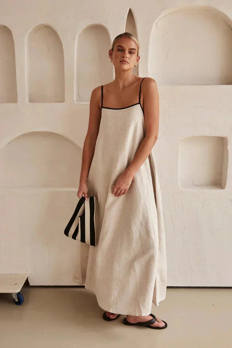 Summer Neutral Flowy Maxi Dress in Linen Style - Pexav