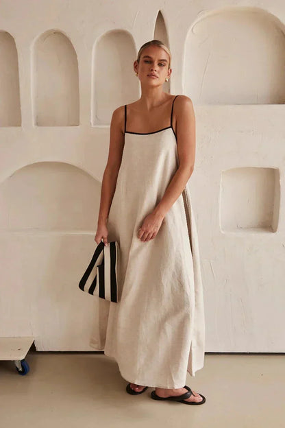 Summer Neutral Flowy Maxi Dress in Linen Style - Pexav