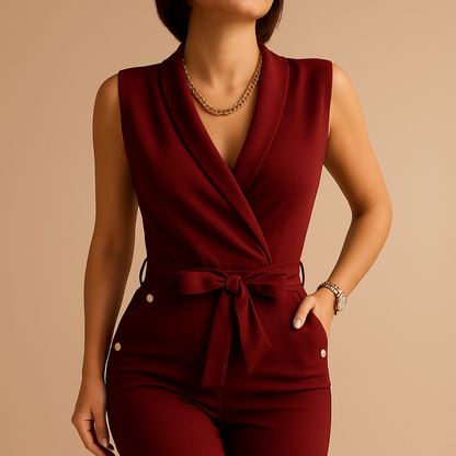 Women’s sleeveless v-neck jumpsuit with waist tie, available in green, black, pink, blue, red, and dark red. Perfect for parties and formal events.