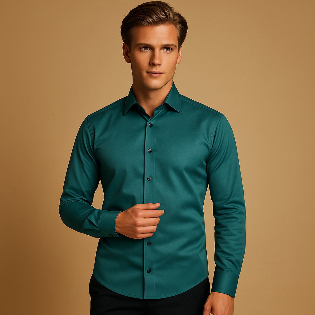 Men’s slim fit dress shirt with button closure and collar, perfect for business meetings and casual occasions.