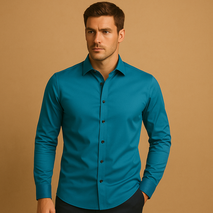 Men’s slim fit dress shirt with button closure and collar, perfect for business meetings and casual occasions.