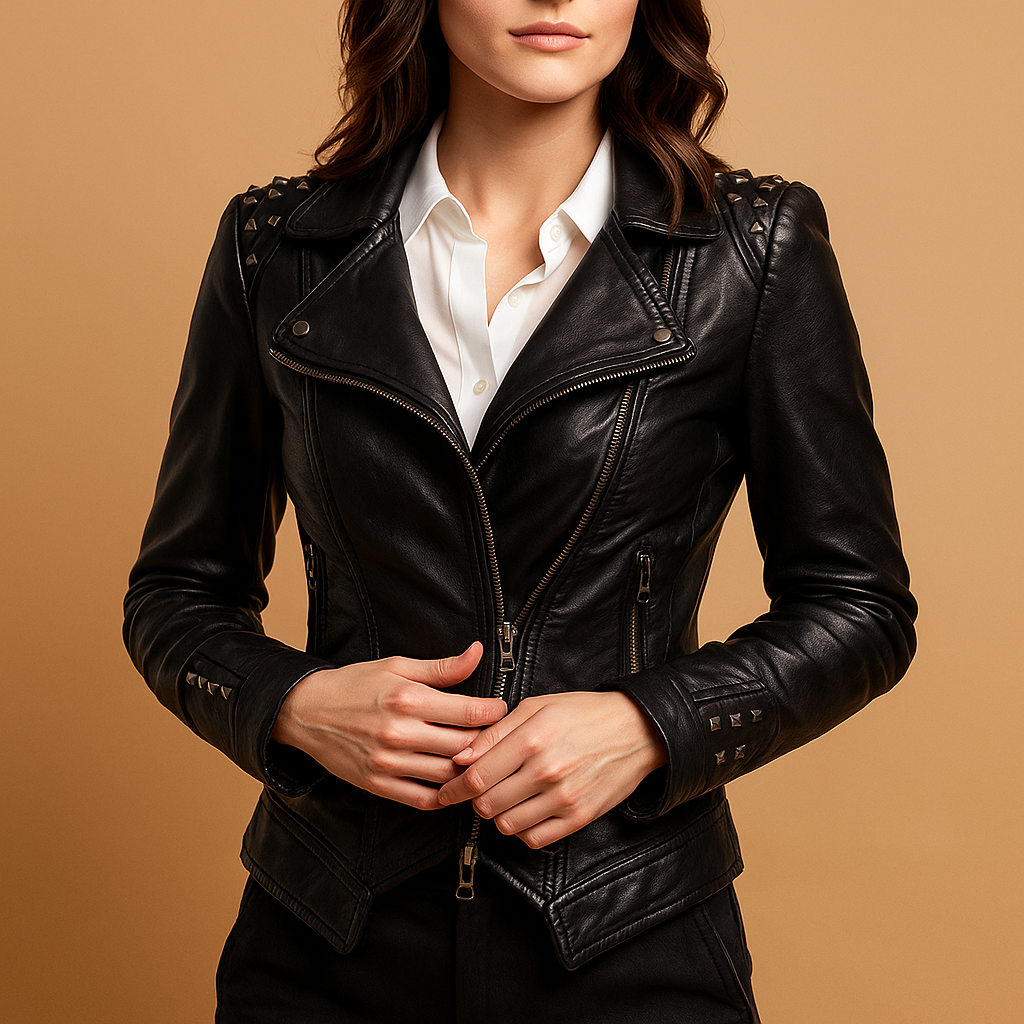 Women’s slim-fit gothic jacket with quilted accents and silver hardware, designed for alternative fashion, evening wear, and edgy casual outfits.