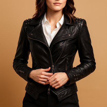 Women’s slim-fit gothic jacket with quilted accents and silver hardware, designed for alternative fashion, evening wear, and edgy casual outfits.