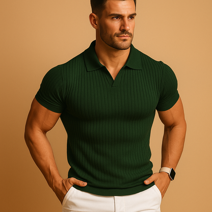 Men’s slim fit polo shirt with V-neck lapel collar, ribbed design, and short sleeves. Ideal for casual days, weekends, or smart-casual outfits.