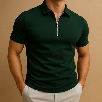 Men’s slim fit polo shirt with zipper at the neck, made from breathable stain- and odor-resistant fabric, perfect for work, leisure, or casual occasions.
