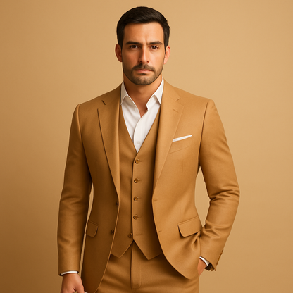 Men’s slim fit suit with blazer and trousers, ideal for weddings, business meetings, or formal events.