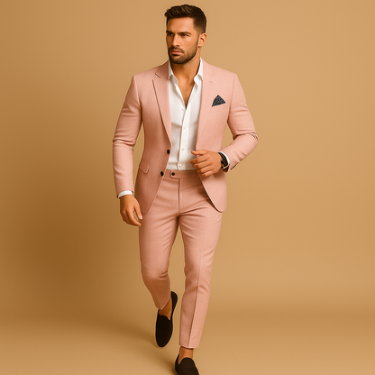 Slim fit suit for men with blazer and trousers in modern cut, ideal for weddings, business, and formal occasions.