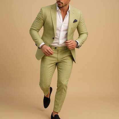 Slim fit suit for men with blazer and trousers in modern cut, ideal for weddings, business, and formal occasions.