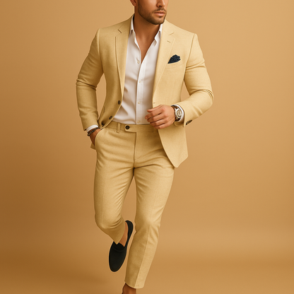 Slim fit suit for men with blazer and trousers in modern cut, ideal for weddings, business, and formal occasions.