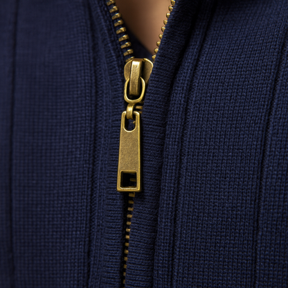 Men’s slim half-zip knitted sweater with a high collar, offering warmth and a modern look for casual and refined outfits.