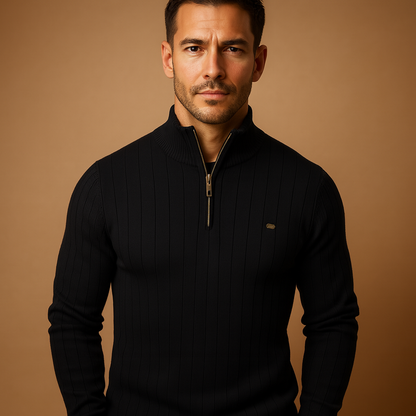 Men’s slim half-zip knitted sweater with a high collar, offering warmth and a modern look for casual and refined outfits.