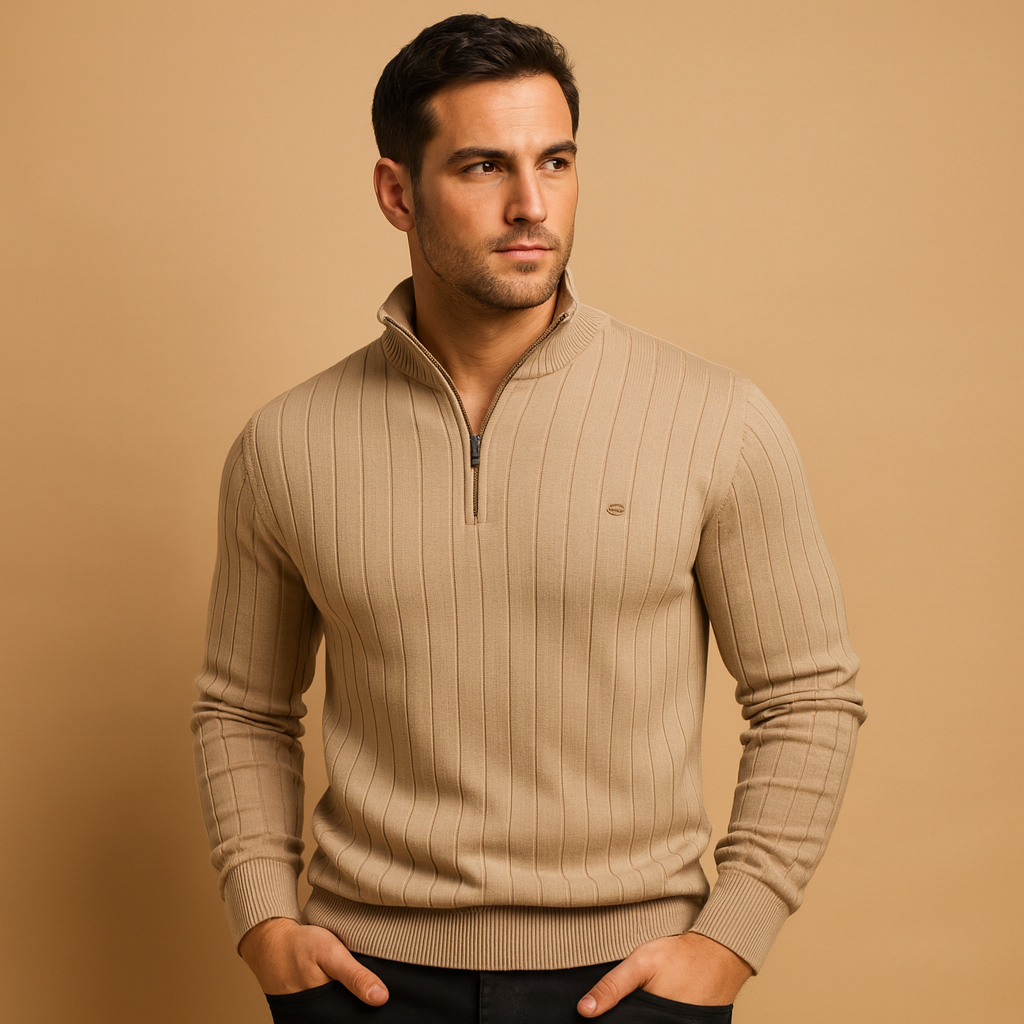 Men’s slim half-zip knitted sweater with a high collar, offering warmth and a modern look for casual and refined outfits.