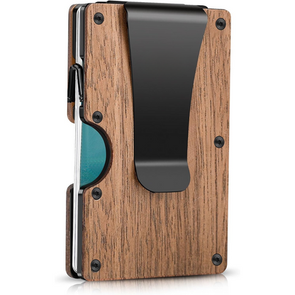 Slim RFID-Blocking Wallet made of Carbon Fibre with Money Clip - CarbonVault-Wood-Nora Luxe