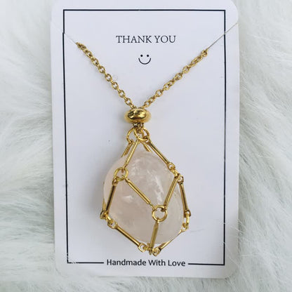 Small Natural Crystal Stone Bracelet Necklace - Iris-Rose quartz-Gold-Nora Luxe