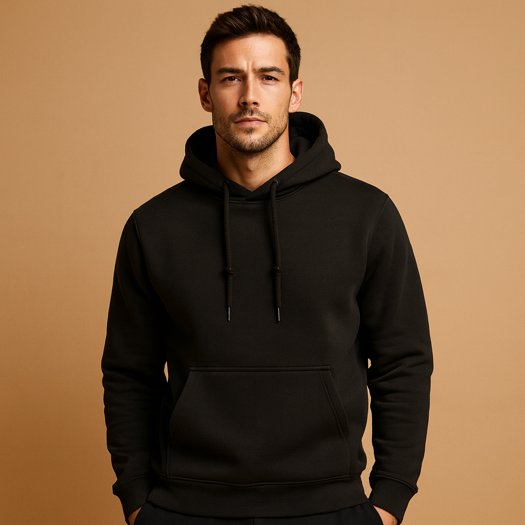 Men’s soft casual hoodie with drawstring hood and kangaroo pocket, ideal for everyday wear across all seasons.