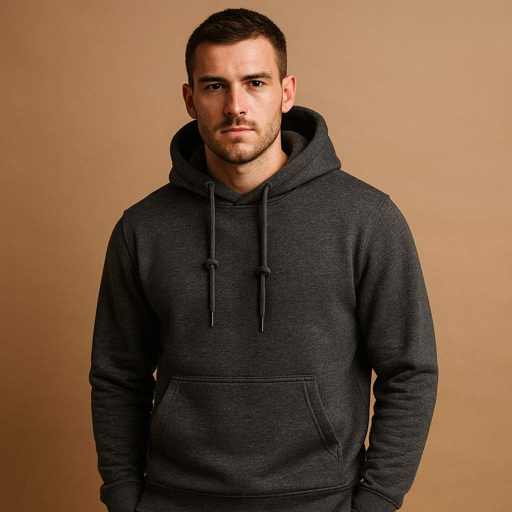 Men’s soft casual hoodie with drawstring hood and kangaroo pocket, ideal for everyday wear across all seasons.