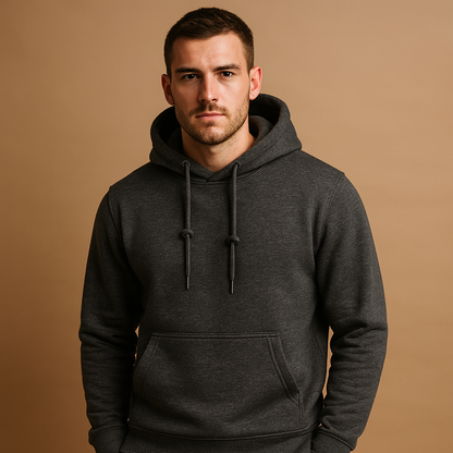 Men’s soft casual hoodie with drawstring hood and kangaroo pocket, ideal for everyday wear across all seasons.