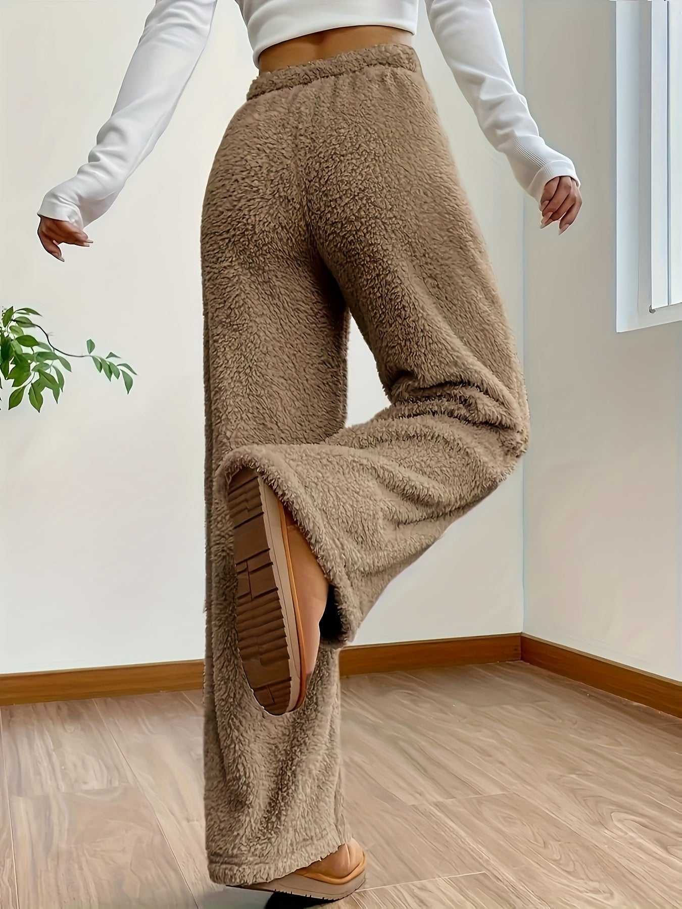 Soft Teddy Sherpa Lounge Pants for Ladies – Noémie-Beige-S-The Livary