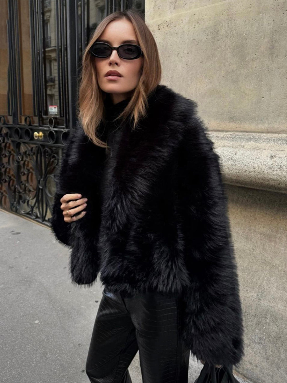 Plush Fake Fur Trim Coat - Pexav