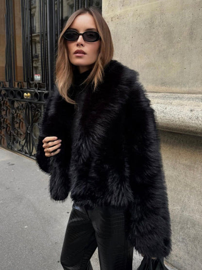 Plush Fake Fur Trim Coat - Pexav