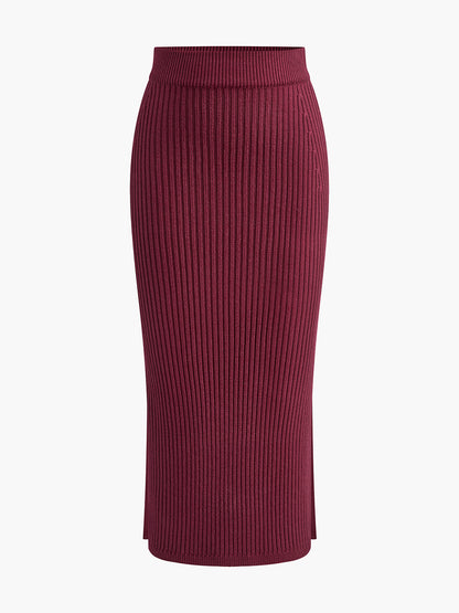 Comfortable Crew Neck Ribbed Knit Two Piece Skirt Outfit