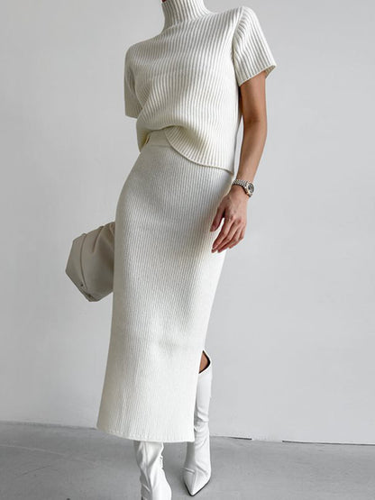 Comfortable Crew Neck Ribbed Knit Two Piece Skirt Outfit