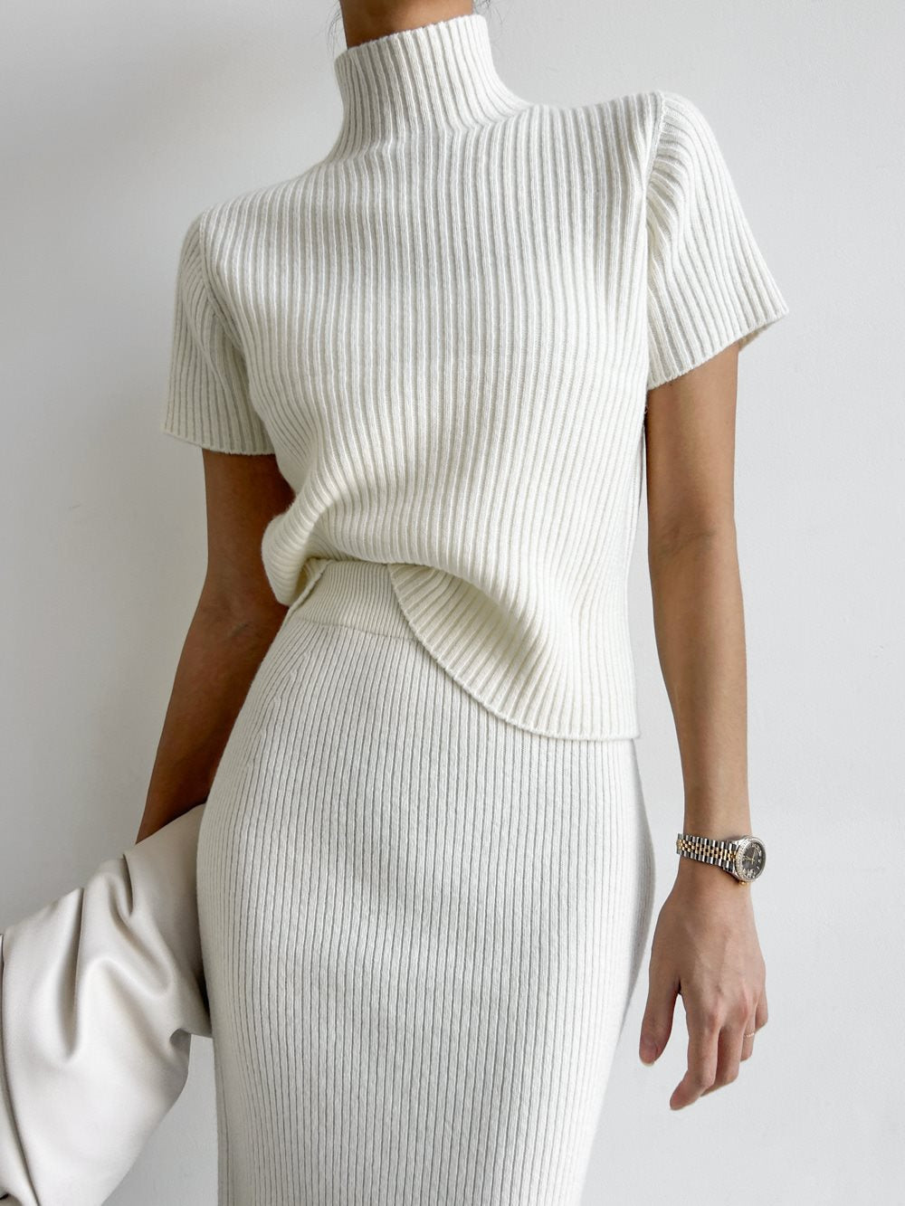 Comfortable Crew Neck Ribbed Knit Two Piece Skirt Outfit