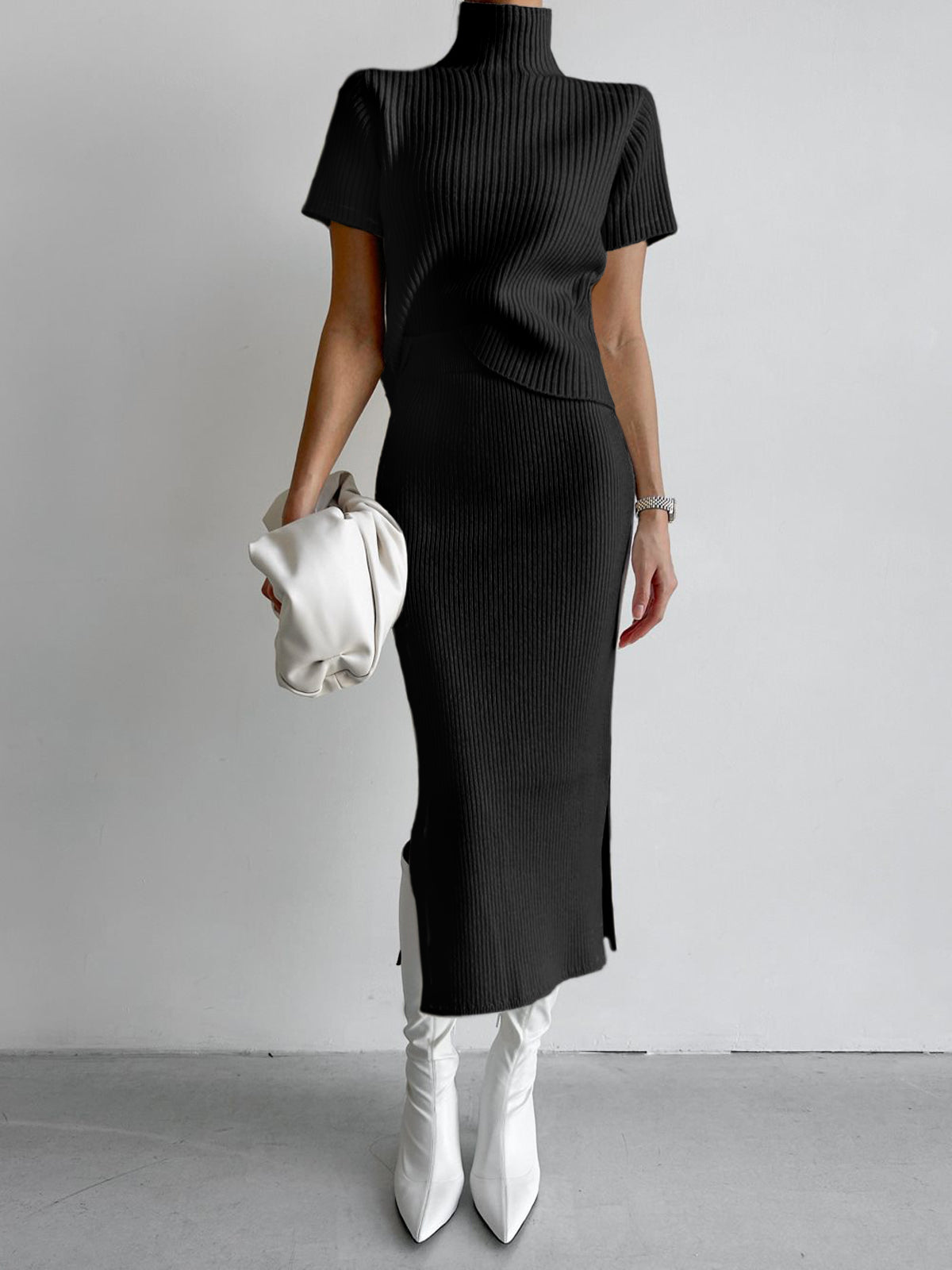 Comfortable Crew Neck Ribbed Knit Two Piece Skirt Outfit