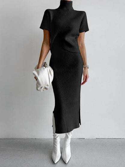 Comfortable Crew Neck Ribbed Knit Two Piece Skirt Outfit
