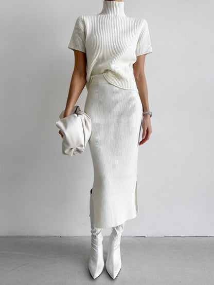 Comfortable Crew Neck Ribbed Knit Two Piece Skirt Outfit - Pexav