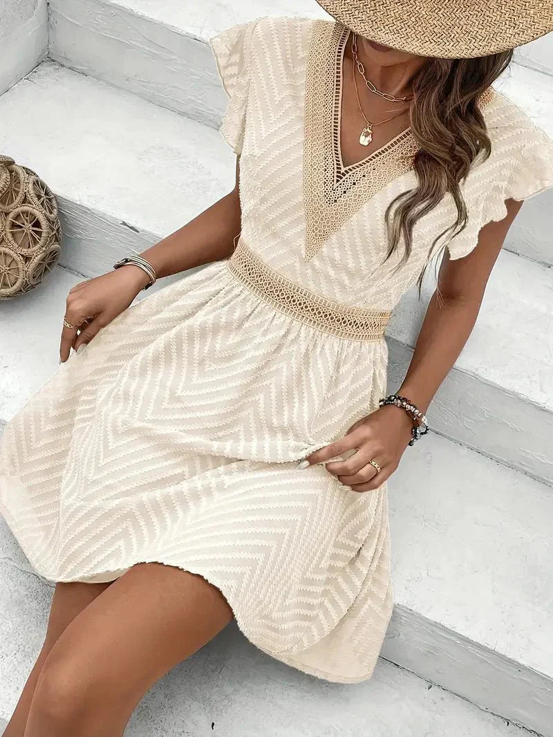 Chic V Neck Short Dress with Ruffle Sleeves