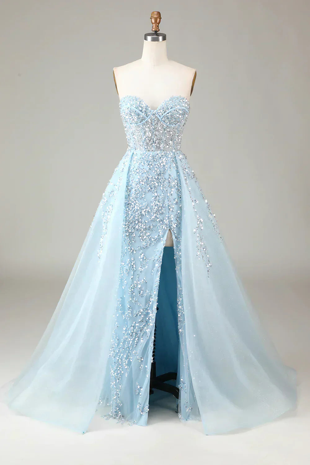 Sparkling Light Blue A-Line Corset Ball Gown with Split - Sophia-Light blue-0-Nora Luxe