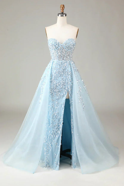 Sparkling Light Blue A-Line Corset Ball Gown with Split - Sophia-Light blue-0-Nora Luxe