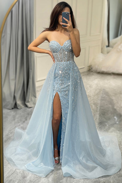 Shining Navy Blue A-Line Corset Evening Dress with Slit - Pexav