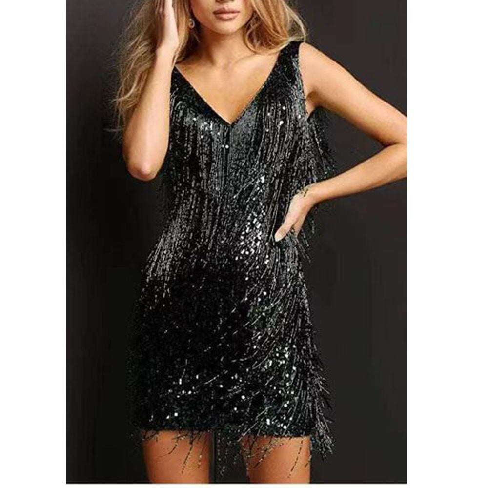 Sparkling Sequin Dress with Fringes – Celina-Black-S-The Livary