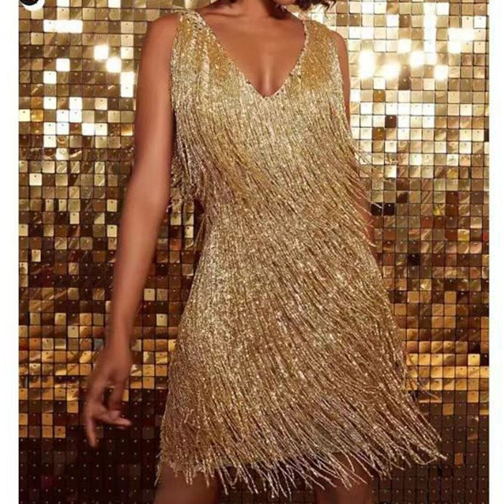 Sparkling Sequin Dress with Fringes – Celina-Gold-S-The Livary