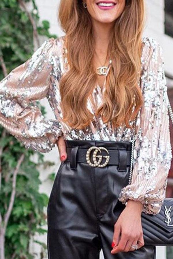 Sparkling & Stylish Women's Glitter V-Neck Long Sleeve Top – Naya-XS-Nora Luxe