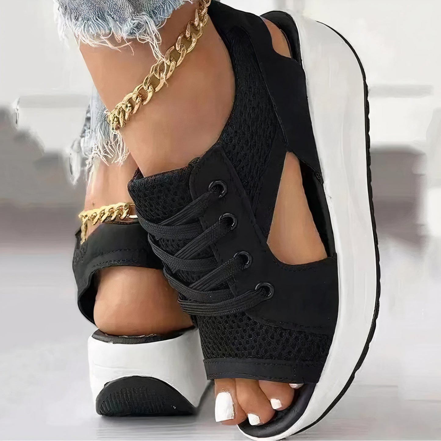 Sporty High Heels with Laces and Open Toe – Dalina-Black-3-State of Style