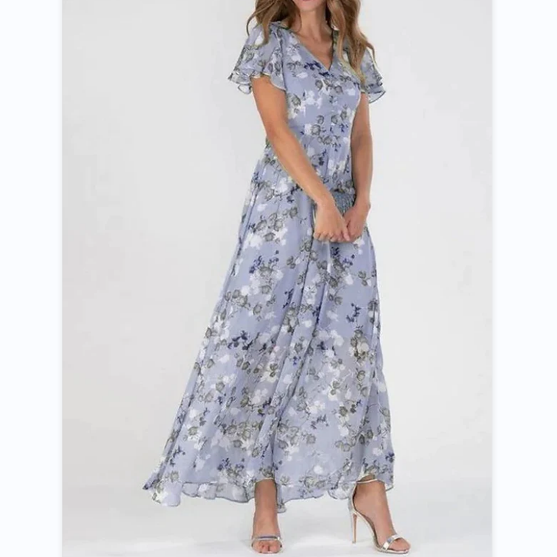 Long Floral Dress with Bell Sleeves and Garden Print